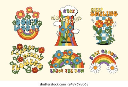 Floral botanical compositions with lettering in retro groovy style collection for t-shirts, mugs, cards. Set of floral quotes in hippie psychedelic style. Funny flowers with stems, leaves and thorns.