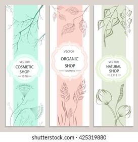 Floral, botanical decorative banner collection. Organic cosmetic  products. Vector Illustration