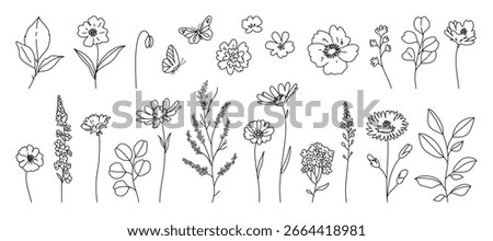 Floral and botanical doodle element vector. Set of leaf, foliage wildflowers, plants, bloom, herb and butterfly. Hand drawn of blossom spring season vectors for decor, website, wedding card and shop.