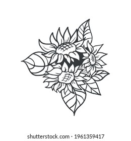 Doodles botánicos florales. Diseño de vectores en un fondo blanco aislado para banner, libro de colorear anti estrés