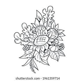 Floral botanical doodles.. Vector design on a white isolated background for banner, anti stress coloring book