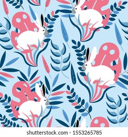 Floral, botanical, easter , white rabbits vector seamless on white background . Concept for print, web design , cards , textile