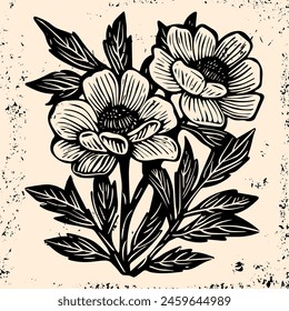 Floral botanical flowers. Isolated illustration element. Vector hand drawing linocut wildflowers for background, texture, wrapper pattern, frame or border.