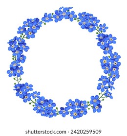 Floral botanical frame is composed of realistic blue forget-me-nots. Detailed hand-painted plants for your product design, textiles, clothing prints, postcards, social media ads, cosmetic wrappers