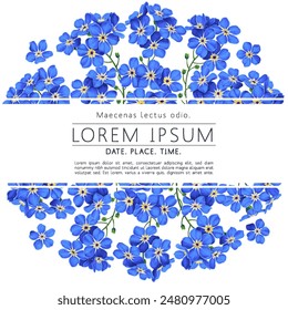 Floral botanical frame design with space for text. Spring pattern with bright blue forget-me-not flowers. Template for cards, posters, announcements, print for clothes, wedding invitations, cover