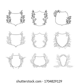 Floral botanical frame and monogram. Vintage border.Vector set of crests.