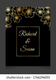 Floral botanical golden frame with apple flowers. Dark elegant card template. Luxury design for wedding invitation, greeting card, vip women products. Vector illustration in gold over black.