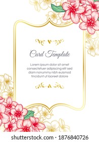 Floral botanical golden wedding invitation elegant card template with red apple flowers. Romantic design for greeting card, natural cosmetics, women products. Vector illustration.