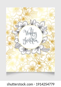 Floral botanical golden wedding invitation elegant card template with gold and monochrome apple flowers. Romantic vector round frame greeting card design.