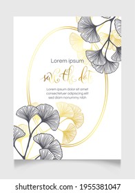 Floral botanical golden wedding invitation elegant template with gold and monochrome ginkgo leaves. Romantic vector frame greeting card design over white.
