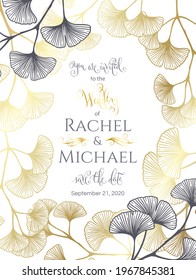 Floral botanical golden wedding invitation elegant template with gold and monochrome ginkgo leaves. Romantic vector frame greeting card design over white.