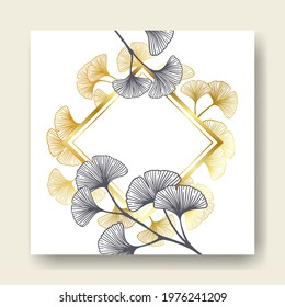 Floral botanical golden wedding invitation elegant template with gold and monochrome ginkgo leaves. Romantic vector frame greeting card design over white.