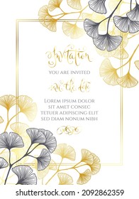 Floral botanical golden wedding invitation elegant template with gold and monochrome ginkgo leaves. Romantic vector frame greeting card design over white.