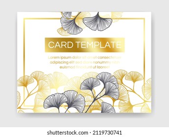 Floral botanical golden wedding invitation elegant template with gold and monochrome ginkgo leaves. Romantic vector frame greeting card design over white.