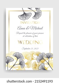 Floral botanical golden wedding invitation elegant template with gold and monochrome ginkgo leaves. Romantic vector frame greeting card design over white.