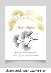 Floral botanical golden wedding invitation elegant template with gold and monochrome ginkgo leaves. Romantic vector round frame greeting card design over white.