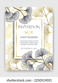 Floral botanical golden wedding invitation elegant template with gold and monochrome ginkgo leaves. Romantic vector frame greeting card design over white.