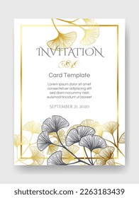 Floral botanical golden wedding invitation elegant template with gold and monochrome ginkgo leaves. Romantic vector frame greeting card design over white.