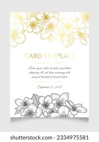 Floral botanical golden wedding invitation elegant card template with gold and monochrome apple flowers over white. Romantic spring vector frame greeting card design.