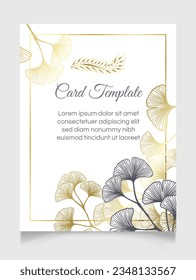 Floral botanical golden wedding invitation elegant template with gold and monochrome ginkgo leaves. Romantic vector frame greeting card design over white.