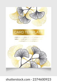 Floral botanical golden wedding invitation elegant template with gold and monochrome ginkgo leaves. Romantic vector frame greeting card design over white.