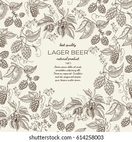 Floral botanical hand drawn template with text and beer herbal hop branches on light background vector illustration