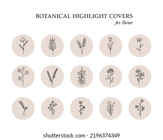 Floral botanical highlight covers. Minimal contemporary flower icons for social media story boho logo design. Vector set