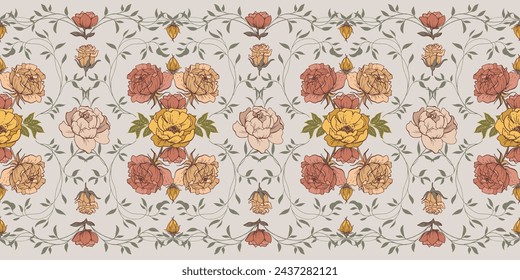 Floral, botanical horizontal ornament. Endless classical border with roses, plants, leaves. Colorful blossoms, buds. 