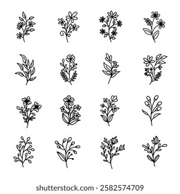 Floral and botanical icon set. wildflowers, plants, flowers, leaves and herbs. Hand drawn floral spring vectors for decoration, websites, wedding cards and shops.