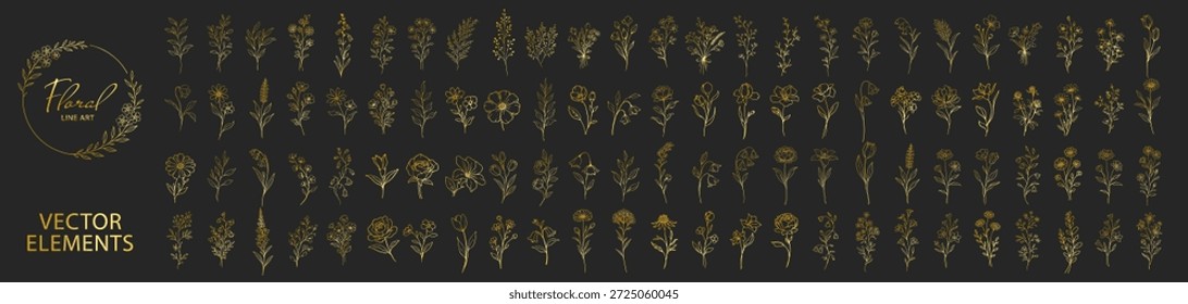 floral, botanisch, Symbol, Vektor, Linie, Umriss, Blume, Blatt, Zweig, Pflanze, Hochzeit, Logo, Design, Elemente, elegant, dekorativ, minimal, handgezeichnet, Skizze, Ornament, Grün, Natur, Vintage, romantisch, Boho, Luxus, Gold, Sammlung, Rahmen