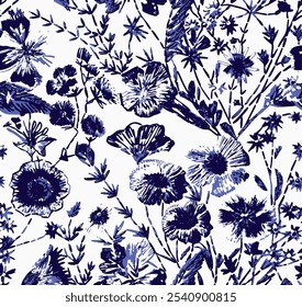 Patrón de ilustración botánica floral en colores azules. Plantas florales en flor. Flores vintage dibujadas a mano. Vector de flores, hojas, hierbas, bayas y ramas ilustración en toda la superficie de impresión