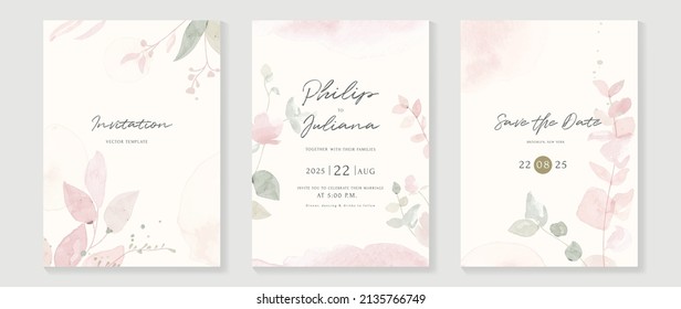 Floral and botanical invitation card template. Set of watercolor design with flowers, eucalyptus leaves and branch. Abstract blossom garden suitable for wedding, greeting, banner, cover, decor.