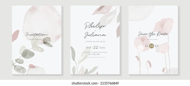 Floral and botanical invitation card template. Set of watercolor design with flowers, eucalyptus leaves and branch. Abstract blossom garden suitable for wedding, greeting, banner, cover, decor.