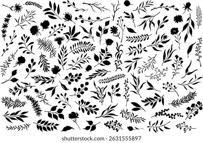 floral botanical leafy branches wildflowers silhouette collection, isolated vector illustration set