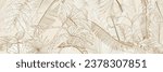 Floral and botanical line art background. Summer tone with tropical leafy , monstera, ginkgo leaves, branch. Wallpaper for banner, prints, poster, wall art.