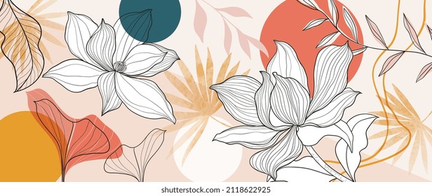 Floral and botanical line art background. Summer tone with tropical leafy , lotus flower, ginkgo leaves, branch vector. Watercolor wallpaper and circle sun for banner, prints, poster, wall art.