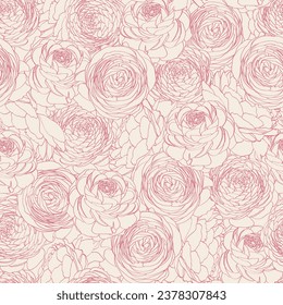 Floral and botanical line art background. Summer tone with ranunculus flowers seamless pattern. Wallpaper for banner, prints, poster, wall art.