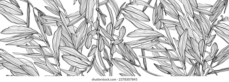 Floral and botanical line art background. Summer tone with tropical leafy , olive branches with leaves, branch vector. Wallpaper for banner, prints, poster, wall art.