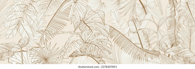 Floral and botanical line art background. Summer tone with tropical leafy , monstera, ginkgo leaves, branch. Wallpaper for banner, prints, poster, wall art.