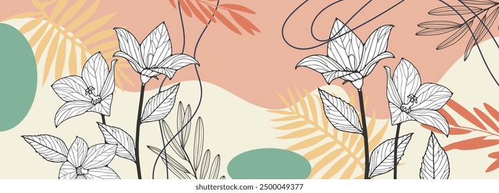 Floral and botanical line art background. Summer tone with tropical leafy , lotus flower, ginkgo leaves, branch vector