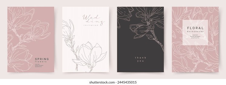 Plantillas de tarjeta de arte de línea botánica floral. Patrón de lujo con flores de magnolia dibujadas a mano en estilo contemporáneo. Diseño de Vector para póster, decoración de pared, embalaje, impresión, cubierta, Anuncio, invitación de boda