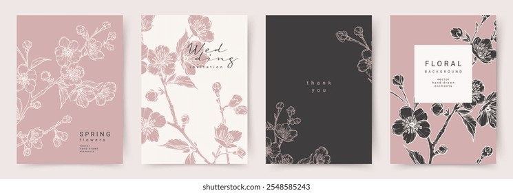 Floral botanical line art card templates. Luxury pattern with hand drawn Spring flowering cherry branch. Vector design for poster, wall decor, packaging, print, cover, banner, wed invitation