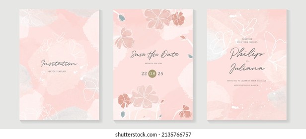 Floral and botanical line art invitation card template. Set of hand drawn wedding ceremony with flower, leaves and butterflies. Blossom watercolor design suitable for flyer, greeting, banner, cover.