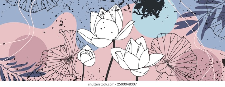 Floral and botanical line art pattern background. Summer tone with tropical leafy , lotus flower, branch vector.
