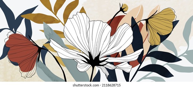 Floral and botanical in line art style background. Minimal summer tone wallpaper with flowers, leaves, branch and circle sun. Watercolor vector for banner, prints, covers.