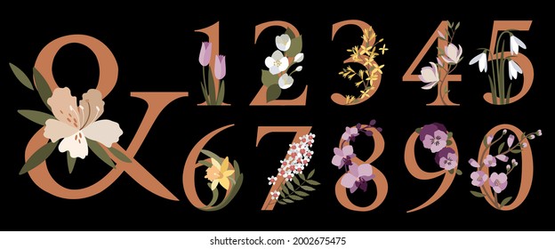 Floral botanical numbers.Numbers with spring flowers.Collection of modern art numbers in pastel colors. Vector Illustration for wedding, greeting cards, posters, invitation template design