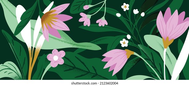 Floral y botánico sobre fondo de bosque verde oscuro. Diseño con flores rosas y blancas, hojas verdes y flores. Para el arte en la pared, papel pintado, pancarta, huellas y decoración casera.