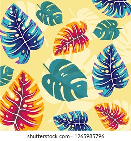 Floral botanical pattern. Monstera in yellow background. Vector illustration