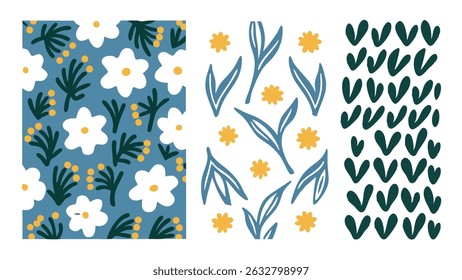 Floral and botanical pattern set in muted blue and white.