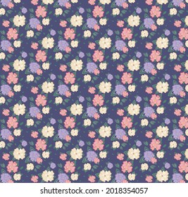 Floral botanical pattern with violets and leaves on a purple background